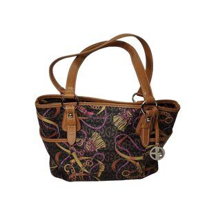 Giani Bernini Purse Handbag Shoulder Bag Faux Leather Brown Tassel/Belt Print